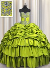 Brush Train Beading and Embroidery and Ruffled Layers and Pick Ups Ball Gown Prom Dress Olive Green Lace Up Sleeveless Floor Length