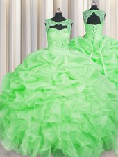 Customized Scoop Sleeveless Floor Length Beading and Pick Ups Lace Up Quinceanera Gowns with