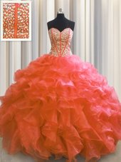 Visible Boning Ball Gowns Quince Ball Gowns Red Sweetheart Organza Sleeveless Floor Length Lace Up