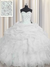 Comfortable Organza Sweetheart Sleeveless Lace Up Beading and Ruffles 15th Birthday Dress in White