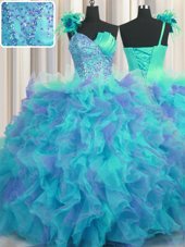 Handcrafted Flower Multi-color Ball Gowns One Shoulder Sleeveless Tulle Floor Length Lace Up Beading and Ruffles and Hand Made Flower Sweet 16 Dress