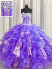 Visible Boning Purple Ball Gowns Organza and Sequined Sweetheart Sleeveless Beading and Ruffles and Sequins Floor Length Lace Up Sweet 16 Dresses