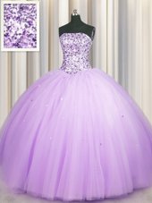 Really Puffy Lavender Sleeveless Floor Length Beading and Sequins Lace Up Quinceanera Gowns