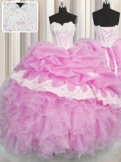 Stunning Sweetheart Sleeveless Organza Quinceanera Dress Beading and Appliques and Ruffles and Pick Ups Lace Up