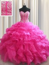Vintage Visible Boning Hot Pink Sleeveless Floor Length Beading and Ruffles Lace Up 15th Birthday Dress