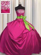 Excellent Fuchsia Strapless Lace Up Beading and Ruching and Bowknot Quince Ball Gowns Sleeveless