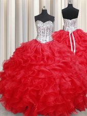 Latest Handcrafted Flower Organza Sleeveless Floor Length Sweet 16 Quinceanera Dress and Ruffles and Hand Made Flower