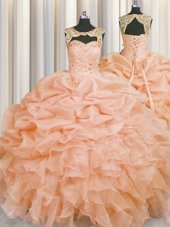 Fabulous Scoop Pick Ups Floor Length Ball Gowns Sleeveless Peach Quinceanera Dress Lace Up
