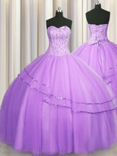 Visible Boning Puffy Skirt Tulle Sweetheart Sleeveless Lace Up Beading Quinceanera Gown in Lilac