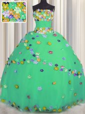 Tulle Strapless Sleeveless Lace Up Hand Made Flower Quinceanera Gown in Turquoise