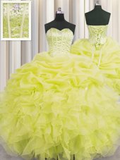 Latest Visible Boning Beading and Ruffles and Pick Ups Quinceanera Gowns Yellow Lace Up Sleeveless Floor Length