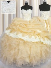 High Quality Organza Sleeveless Floor Length Quinceanera Gowns and Beading and Appliques and Ruffles and Pick Ups