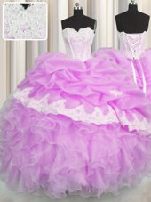 Customized Lilac Ball Gowns Sweetheart Sleeveless Organza Floor Length Lace Up Beading and Appliques and Ruffles and Pick Ups Quince Ball Gowns
