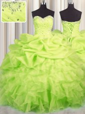 Deluxe Yellow Green Lace Up Sweetheart Beading and Ruffles and Ruching and Pick Ups Quinceanera Gown Organza Sleeveless