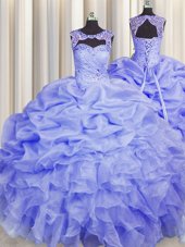 Unique Blue Scoop Lace Up Beading and Pick Ups Quinceanera Dresses Sleeveless