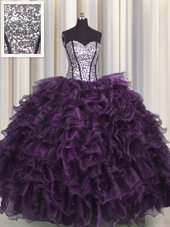 Visible Boning Floor Length Dark Purple Quince Ball Gowns Organza and Sequined Sleeveless Ruffles and Sequins