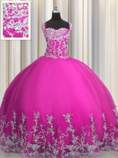 Fuchsia Sleeveless Beading and Appliques Floor Length Sweet 16 Dress