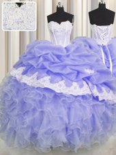 Sleeveless Floor Length Beading and Appliques and Ruffles and Pick Ups Lace Up Quince Ball Gowns with Lavender