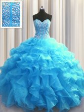 Visible Boning Baby Blue Organza Lace Up Sweetheart Sleeveless Floor Length Quinceanera Dresses Beading and Ruffles