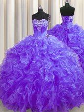 Purple Lace Up Quinceanera Dresses Beading and Ruffles Sleeveless Brush Train