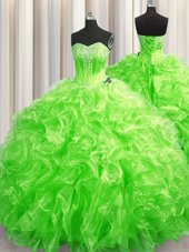 Charming Ball Gowns Organza Sweetheart Sleeveless Beading and Ruffles Lace Up Quinceanera Dress Sweep Train