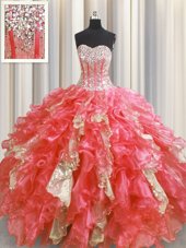 Classical Sequins Visible Boning Floor Length Watermelon Red Ball Gown Prom Dress Sweetheart Sleeveless Lace Up