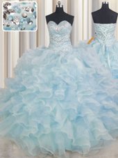 Light Blue Sleeveless Floor Length Beading and Ruffles Lace Up Quinceanera Dresses