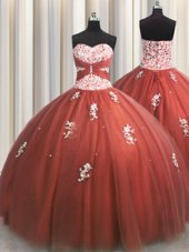Tulle Sweetheart Sleeveless Lace Up Beading and Appliques Ball Gown Prom Dress in Rust Red