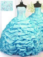 Discount Pick Ups Strapless Sleeveless Sweep Train Lace Up Quinceanera Gown Aqua Blue Taffeta