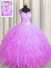 Fitting See Through Zipper Up Sleeveless Floor Length Beading and Ruffles Zipper Quinceanera Dresses with Lilac