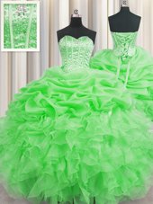 Luxurious Visible Boning Green Ball Gowns Organza Sweetheart Sleeveless Beading and Ruffles and Pick Ups Floor Length Lace Up Sweet 16 Dress
