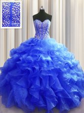 Visible Boning Royal Blue Lace Up Quinceanera Gown Beading and Ruffles Sleeveless Floor Length