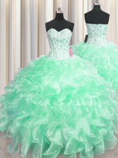 Visible Boning Floor Length Zipper Vestidos de Quinceanera Apple Green and In for Military Ball and Sweet 16 and Quinceanera with Beading and Ruffles