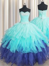Most Popular Multi-color Quinceanera Gown Military Ball and Sweet 16 and Quinceanera and For with Beading and Ruffles and Ruffled Layers and Sequins Sweetheart Sleeveless Lace Up