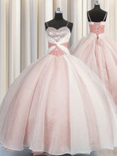 Simple Sleeveless Floor Length Beading and Ruffles Lace Up Sweet 16 Dresses with Rose Pink