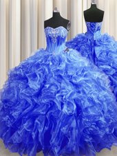 Royal Blue Lace Up Quince Ball Gowns Beading and Ruffles Sleeveless Sweep Train