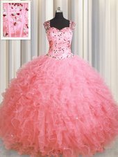 See Through Zipper Up Pink Organza Zipper Vestidos de Quinceanera Sleeveless Floor Length Beading and Ruffles