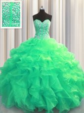 High Quality Visible Boning Turquoise Lace Up Sweetheart Beading and Ruffles 15 Quinceanera Dress Organza Sleeveless
