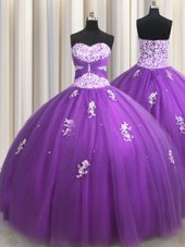 Stunning Floor Length Lace Up Quinceanera Gown Purple and In for Military Ball and Sweet 16 and Quinceanera with Beading and Appliques