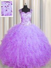 Dramatic See Through Zipper Up Sleeveless Zipper Floor Length Beading and Ruffles Sweet 16 Dresses