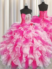 Superior Floor Length Ball Gowns Sleeveless Pink And White Quinceanera Dresses Lace Up