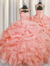 New Style Scoop Baby Pink Sleeveless Beading and Pick Ups Floor Length Quinceanera Dresses