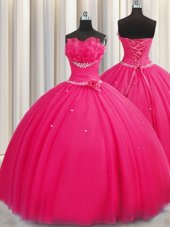 Fashionable Handcrafted Flower Hot Pink Sleeveless Floor Length Beading and Sequins and Hand Made Flower Lace Up Sweet 16 Dress