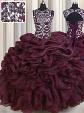 See Through Burgundy Scoop Neckline Beading and Pick Ups Quinceanera Dresses Sleeveless Lace Up