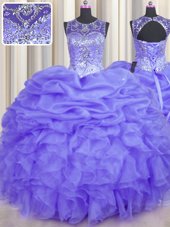 Sumptuous See Through Lavender Scoop Neckline Beading and Ruffles and Pick Ups Quinceanera Gown Sleeveless Lace Up