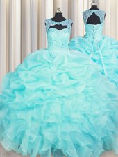 Sleeveless Floor Length Beading and Ruffles Lace Up Sweet 16 Dress with