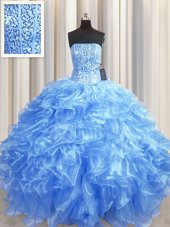 Visible Boning Baby Blue Ball Gowns Beading and Ruffles Sweet 16 Quinceanera Dress Lace Up Organza Sleeveless Floor Length