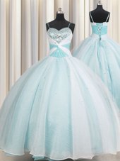 Inexpensive Spaghetti Straps Aqua Blue Ball Gowns Beading and Ruching Vestidos de Quinceanera Lace Up Organza Sleeveless Floor Length