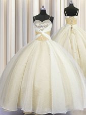 Beautiful Champagne Ball Gown Prom Dress Military Ball and Sweet 16 and Quinceanera and For with Beading and Ruching Spaghetti Straps Sleeveless Lace Up