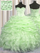 Pick Ups Yellow Green Sleeveless Organza Brush Train Lace Up Sweet 16 Dress for Military Ball and Sweet 16 and Quinceanera